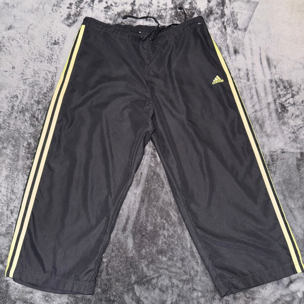Adidas Mens Black Neon Yellow Stripe Athletic Training Pants Drawstring Wide Leg
